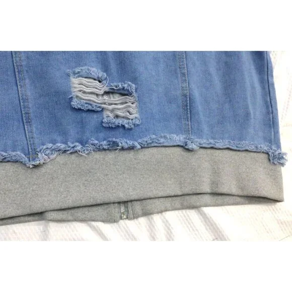 Distressed Denim Hooded Jacket With Playful Rips & Layered Style 1X Thrill Jeans - Picture 13 of 13